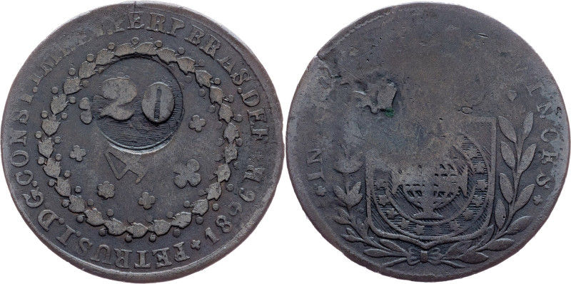 Brazil, 20 Reis 1826 Brazil, Cobre, 20 Reis 1826, LMB C607; aVF

Grade: aVF