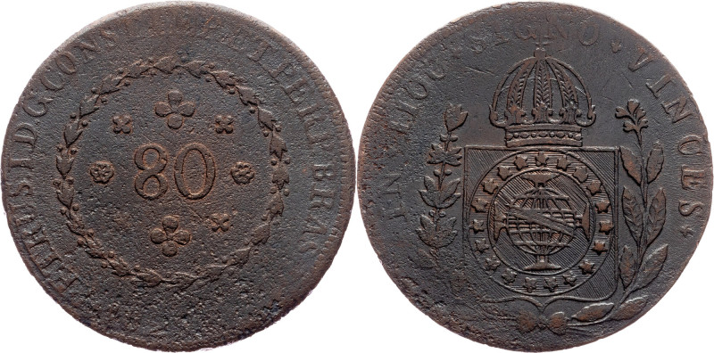 Brazil, 80 Reis 1829 Brazil, Cobre, 80 Reis 1829, LMB C619; F+

Grade: F+