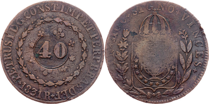 Brazil, 40 Reis 1831 Brazil, Cobre, 40 Reis 1831, LMB C630; VF

Grade: VF