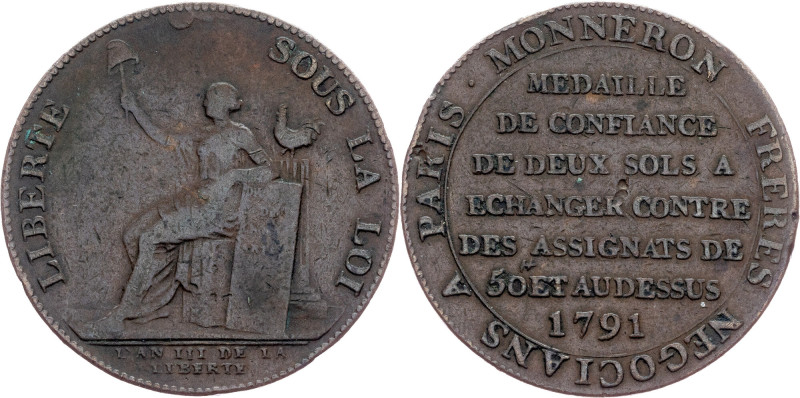 France, 2 Sols 1791, Monneron Freres France, First republic, 2 Sols 1791, Monner...