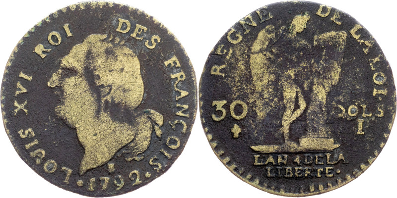 France, 30 Sols 1792, L France, Louis XVI., 30 Sols 1792, L, Brass, Old copy, ra...