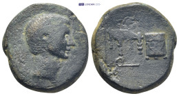 ASIA MINOR, Uncertain. Octavian(?). Circa 30 BC(?). Æ (26mm, 14.7 g). Bare head right / Fiscus, sella, quaestoria and hasta; Q below.