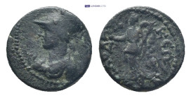 Phrygia. Laodikeia ad Lycum. Pseudo-autonomous issue circa AD 0-100. Bronze Æ (13mm., 2.48 g). Helmeted and draped bust of Athena left / Nike walking ...