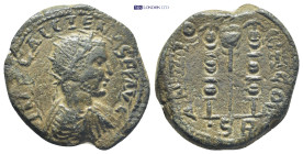 Pisidia, Antioch, Gallienus, AE (22mm, 9.6 g). IMP GALLIENVS PF AVG, radiate, draped, cuirassed bust right / RV: ANT-IOCH CL, SR below, legionary eagl...