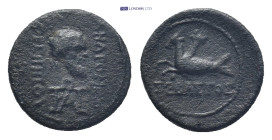 Caria, Trapezopolis. Pseudo-autonomous, Time of Augustus. AE. (15mm, 2.46 g). Obv: ΑΝΔΡΟΝΙΚΟΣ ΓΟΡΓΙΠΠΟΥ. Bearded head of Silenus (?), right; monogram ...