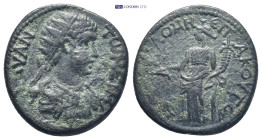 Caracalla Æ (20mm, 5.45 g) Radiate, draped and cuirassed bust to right . Dikaiosyne standing facing, head left, holding scales and cornucopia