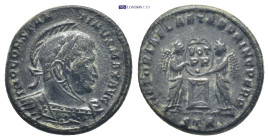 Constantine I Æ Nummus. (17mm, 3.0 g) Trier, AD 319. IMP CONSTANTINVS MAX AVG, helmeted, laureate and cuirassed bust right / VICTORIAE LAETAE PRINC PE...
