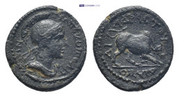 CARIA. Trapezopolis. Pseudo-autonomous. Time of Antoninus Pius (138-161). Ae. Poli- Adrastos, magistrate. Obv: ΤΡΑΠЄΖΟΠΟΛΙΤΩΝ. Helmeted and draped bus...