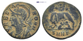 Commemorative circa AD 330-335. Nicomedia Follis Æ (17mm., 2,44 g). VRBS ROMA, helmeted bust of Roma left / she-wolf and twins, 2 stars above with thr...