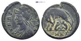 Commemorative Series AE Follis (16mm, 2.36 g) Cyzicus. Obv: VRBS ROMA, Helmeted and mantled bust of Roma left. Rev: She-wolf standing left, suckling t...