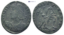 Constans. AD 337-350. Æ Centenionalis (20mm, 3.47 g). Constantinople, 10th officina. Struck AD 348-351. Diademed, draped, and cuirassed bust left, hol...