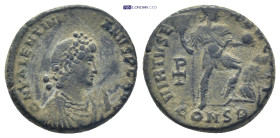 Valentinian II Æ Nummus. (20mm, 5.9 g) Constantinople, AD 383-388. D N VALENTINIANVS P F AVG, pearl-diademed, draped and cuirassed bust right / VIRTVS...