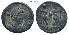 Theodosius II AE (14mm, 1.87 g). DN THEODO-SIVS PF AVG, pearl-diademed, draped and cuirassed bust right, star behind / GLORI-A ROMA-NORVM, two emperor...