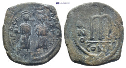 Phocas and Leontia (602-610). Æ 40 Nummi (31mm, 12.6 g). Constantinople, year 1 (602/3). Phocas, holding globus cruciger, and Leontia, holding crucifo...