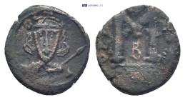 Tiberius III Apsimar Æ 40 Nummi. (19mm, 3.7 g) Constantinople, Crowned and cuirassed bust facing, with short beard, holding diagonal spear and shield ...