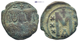 Nicephorus I, with Stauracius AD 802-811. Constantinople Follis Æ (21mm., 4.67 g). Facing busts of Nicephorus on the left, with short beard, and Staur...