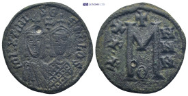 Michael II with Theophilus AD 820-829. Constantinople Follis Æ (28mm., 7,45 g). MIXAHL S ΘЄOFILOS, crowned facing busts of Michael and Theophilus, cro...