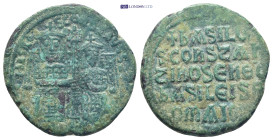 Basil I the Macedonian, with Constantine. 867-886. Æ Follis (25mm, 8.2 g). Constantinople mint. Struck 868-870. Crowned figures of Basil and Constanti...