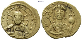 Constantine IX Monomachus AV Tetarteron Nomisma. (16mm, 4.0 g) Constantinople, AD 1042-1055. ⧾ IҺ(retrograde)Γ XIC RCX RЄGNANTIm', bust of Christ Pant...