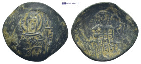 Isaac II Angelos (1185-1195 AD) Constantinople AE Trachy (17mm, 1.43 g) Obv: MP-ΘV, the Virgin Mary, enthroned facing, nimbate and wearing pallium and...