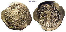 Andronicus II Paleologus with Michael IX, 1282-1328. Hyperpyron (Electron, 22mm, 2.43 g) Constantinopolis, 1294-1320. Half-length figure of the Theoto...