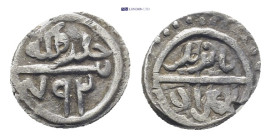 OTTOMAN EMPIRE. Bayazid I (791-804 AH / 1389-1402 AD). Uncertain mint. Dated AH 792 (AD 1389). AR Akçe (12mm 1.1 g) Obv: Naskh legend, pellet above: B...