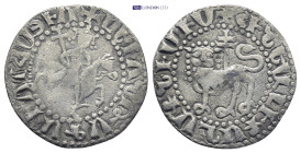 Cilician Armenia. Royal. Levon II (1270-1289) AR Tram (2.6 Gr. 21mm.) 
Crowned figure of Levon on horseback right, holding patriarchal cross sceptre; ...