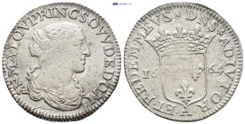 France, Dombes, Anne-Marie-Louise AR Douzième d'écu 1664. (20mm, 2.10 g) AN MA LOV PRINC SOVV DE DOM, Bust right / DNS ADIVTOR ET REDEM MEVS, Shield, ...
