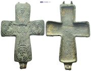 Byzantine bronze reliquary cross (enkolpion) (AD 10th – 11th centuries) (83mm, 45.98 g) Virgin Mary in the orant pose. She is surrounded by the four e...