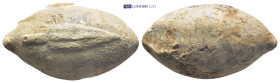 Greek sling bullet. Thrace (c. 4th–1st centuries BC) Lead sling bullet is with an image of a spear-head on one side. (31mm, 39.8 g)