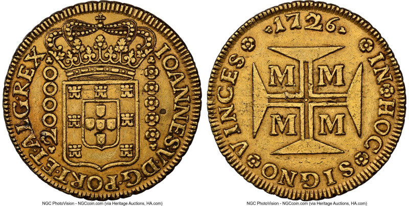 João V gold 20000 Reis (Dobrão) 1726-M AU Details (Cleaned) NGC, Minas Gerais mi...