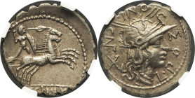 RÉPUBLIQUE ROMAINE - ROMAN REPUBLIC
L. Pomponius Molo. Denier ND (118 av. J.-C.), Narbonne.
RRC.282/4 var ; Argent - 3,91 g - 19,5 mm - 2 h
NGC XF (66...