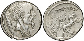 RÉPUBLIQUE ROMAINE - ROMAN REPUBLIC
Hostilia, L. Hostilius Saserna. Denier ND (48 av. J.-C.), Rome.
RRC.448/2 ; Argent - 3,82 g - 18,5 mm - 2 h
Faible...