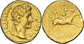 EMPIRE ROMAIN - ROMAN
Auguste (27 av. J.-C. - 14 ap. J.-C.). Aureus ND (8-6 av. J.-C.), Lyon.
RIC.198 - Calicó 174 ; Or - 7,78 g - 19,5 mm - 7 h
Rayur...