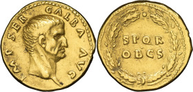 EMPIRE ROMAIN - ROMAN
Galba (68-69). Aureus 68-69, Rome.
Calicó.509a - RIC.164 ; Or - 7,23 g - 18 mm - 6 h
De minimes hairlines. Faible usure des reli...