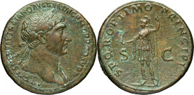 EMPIRE ROMAIN - ROMAN
Trajan (98-117). Sesterce ND (107-108), Rome.
RIC.483 - Woytek 299 ; Bronze - 25,55 g - 33 mm - 6 h
Concrétions sur la tranche e...