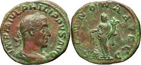 EMPIRE ROMAIN - ROMAN
Philippe Ier (244-249). Sesterce ND, Rome.
RIC.168 ; Bronze - 20,72 g - 27 mm - 1 h
Corrosion. TB.