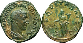 EMPIRE ROMAIN - ROMAN
Philippe Ier (244-249). Sesterce ND, Rome.
RIC.166 ; Bronze - 23,22 g - 31 mm - 1 h
Rayures à l’avers. TB-TTB.