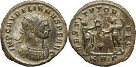 EMPIRE ROMAIN - ROMAN
Aurélien (270-275). Aurelianus ND (274), Serdica, 3e officine.
RIC.295 ; Billon - 3,89 g - 24 mm - 12 h
Avec une étiquette de Mü...