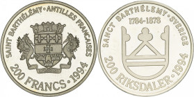 ANTILLES FRANÇAISES - FRENCH ANTILLES
Saint-Barthélemy (Ile de). 200 francs / 200 riksdaler 1994.
Lec.5 ; Argent - 11,8 g - 27 mm - 12 h
Rare. Superbe...