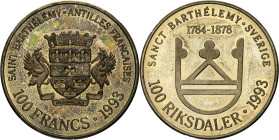 ANTILLES FRANÇAISES - FRENCH ANTILLES
Saint-Barthélemy (Ile de). 100 francs / 100 riksdaler 1993.
Lec.3 ; Cupro-nickel - 14,93 g - 30 mm - 12 h
Rare. ...