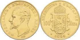 BULGARIE - BULGARIA
Ferdinand Ier (1887-1918). 100 leva 1894, KB, Kremnitz.
KM.21 - Fr.2 ; Or - 32,13 g - 34 mm - 6 h
Très rare et recherché. Ancienne...