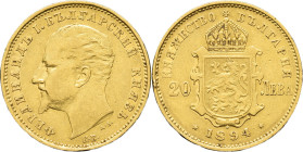 BULGARIE - BULGARIA
Ferdinand Ier (1887-1918). 20 leva 1894, KB, Kremnitz.
KM.20 - Fr.3 ; Or - 6,41 g - 21 mm - 6 h
Reste de brillant dans les légende...