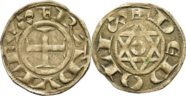 FRANCE / FÉODALES - FRANCE / FEUDAL
Déols (seigneurie de), Raoul VII (1160-1176). Denier ND.
Dy.679 - PA.1947-1949 ; Argent - 1,12 g - 18 mm - 3 h
TTB...