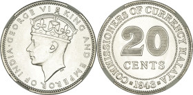 MALAISIE - MALAYSIA
Georges VI (1936-1952). 20 cents 1943, Londres.
KM.5a ; Argent - 5,43 g - 23 mm - 12 h
NGC MS 65 (2056660-172). 
Fleur de coin.