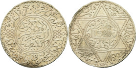 MAROC - MOROCCO
Abdül Aziz I (1894-1908). 10 dirhams (rial) AH 1320 (1902), Londres.
Lec.192 - KM.22.1 ; Argent - 24,91 g - 38 mm - 12 h
Des coups sur...