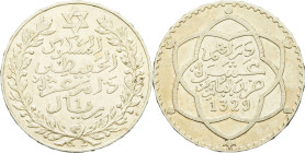 MAROC - MOROCCO
Moulay Hafid I (1908-1912). 10 dirhams (rial) AH 1329 (1911), Paris.
Lec.196 - KM.25 ; Argent - 24,82 g - 37,5 mm - 12 h
De légères ma...