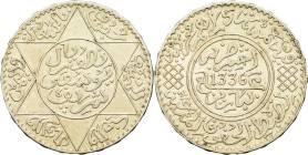 MAROC - MOROCCO
Moulay Yussef (1912-1927). 5 dirhams (1/2 rial) AH 1336 (1917), Paris.
Lec.184 - KM.32 ; Argent - 12,42 g - 32 mm - 12 h
Superbe.