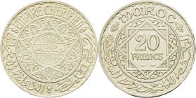 MAROC - MOROCCO
Mohammed V (1927-1961). 20 francs AH 1352 (1933), Paris.
Lec.271 - KM.39 ; Argent - 19,99 g - 35 mm - 6 h
Léger nettoyage. Superbe.