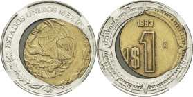 MEXIQUE - MEXICO
République fédérale (depuis 1917). 1 peso, fauté, cœur déformé 1993.
KM.550 ; Bimétallique - 3,59 g - 21 mm - 6 h
GENI MS 62 (AM46LSE...